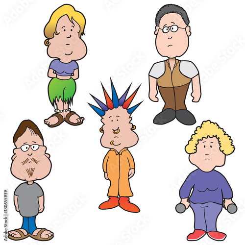 Five cartoon people from various walks of life