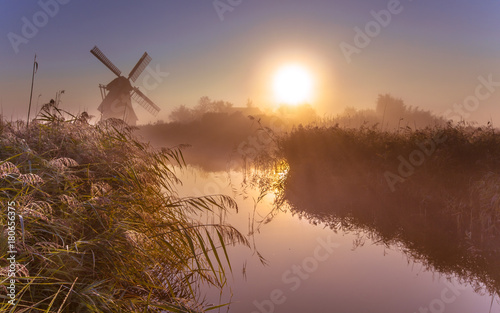 Dutch Windmill in dewy marshland