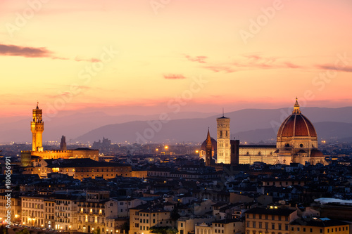 The city of Florence at sunset with the famous Duomo and the Palazzo Vecchio