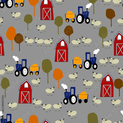 Red barn, tractor and the sheep farm seamless pattern