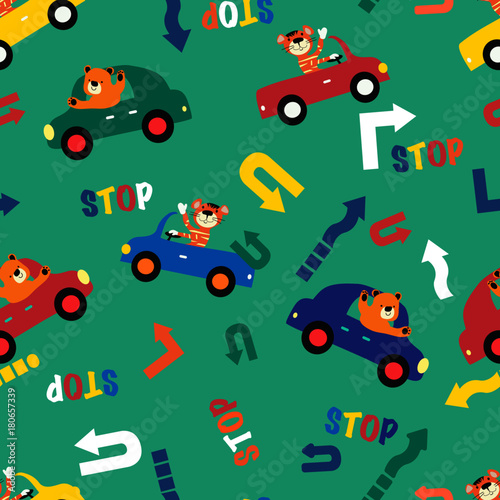 Funny cartoon tiger and a bear driving a cars on roads seamless pattern