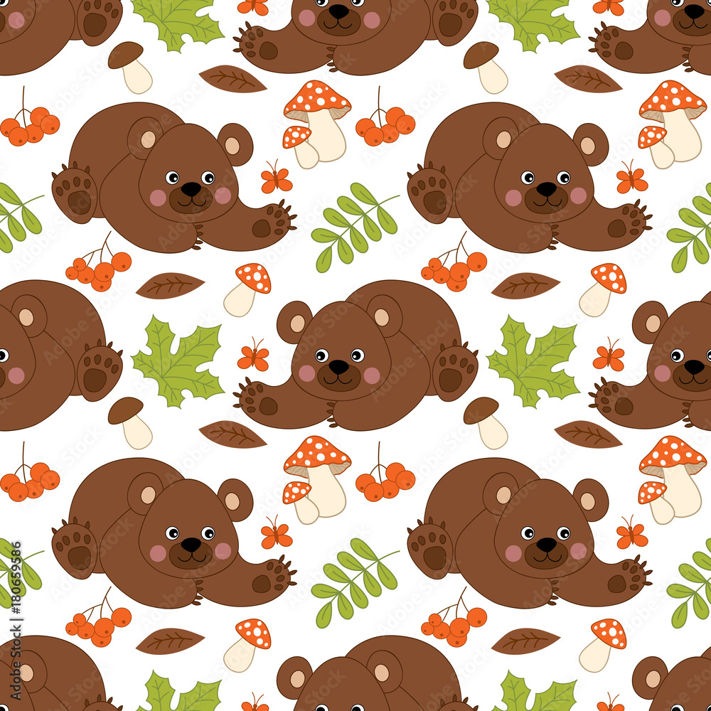 Fototapeta premium Vector Seamless Pattern with Cute Bears, Mushrooms, Berries and Leaves