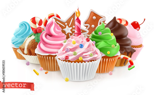 Holiday. Sweet dessert. Cake  cupcake. 3d realistic vector