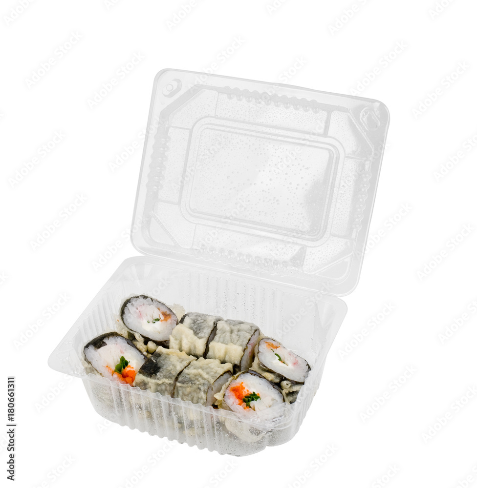 assorti sushi set in open plastic box isolated on white background assorti sushi set in open plastic box isolated on white background