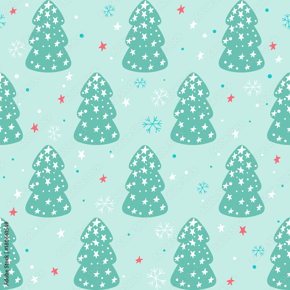 Seamless Christmas pattern with christmas trees, stars and snowflakes