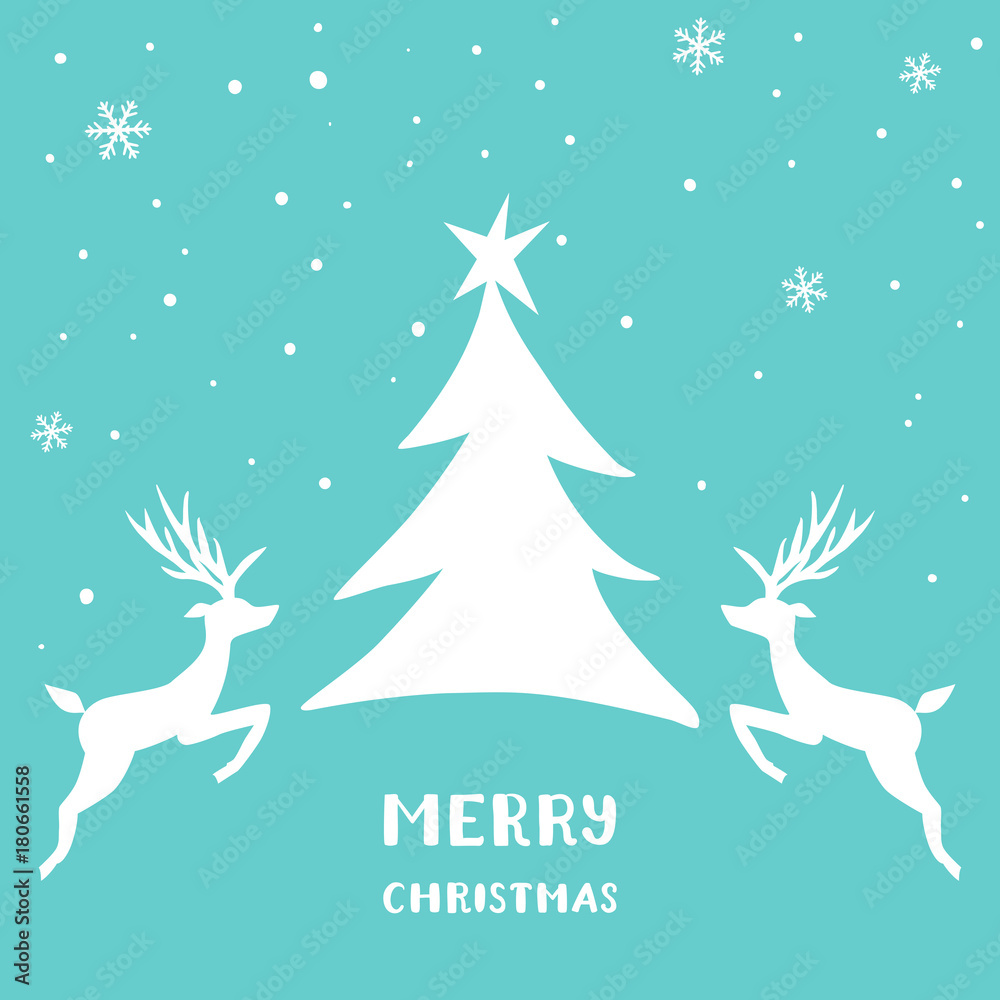 Naklejka premium Christmas card with deers, snow and christmas tree