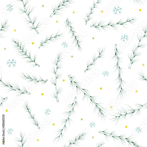 Seamless Christmas pattern with conifer branches, stars and snowflakes