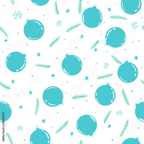 Christmas seamless pattern with Christmas decorations, conifer branches, stars and snowflakes