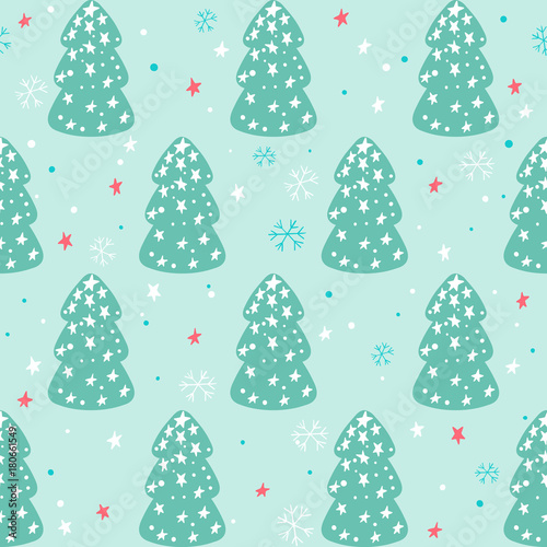 Seamless Christmas pattern with christmas trees, stars and snowflakes © lena_l