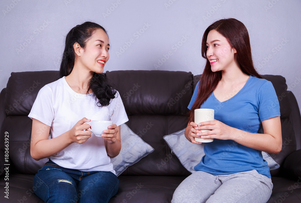 two best friends talking and drinking a cup of coffee on sofa in living room two best friends talking and drinking a cup of coffee on sofa in living room