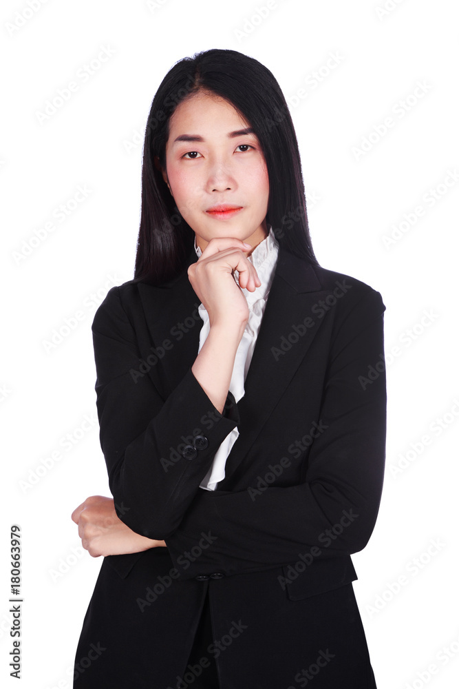 business woman smiling and thinking isolated on white background business woman smiling and thinking isolated on white background