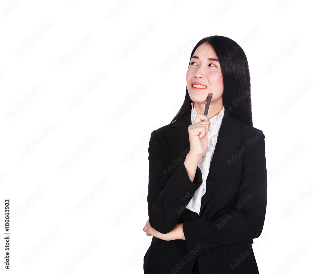 business woman smiling and thinking isolated on white background business woman smiling and thinking isolated on white background