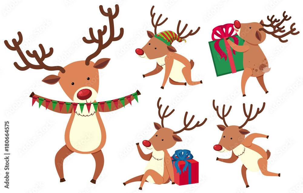 Christmas reindeer in different actions