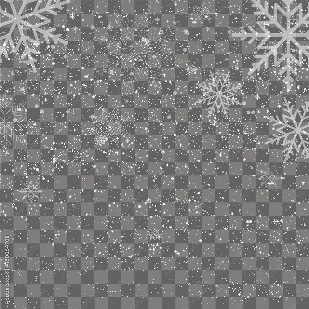 Christmas and New Year transparent background with falling gold snowflakes. Vector 