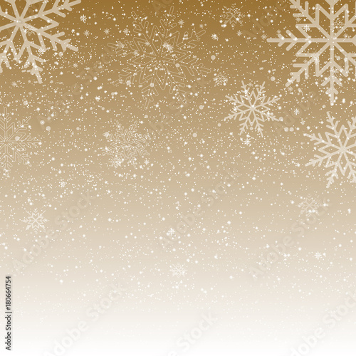 Christmas and New Year background with falling gold snowflakes. Vector 