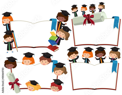 Four blank books with kids in graduation outfits