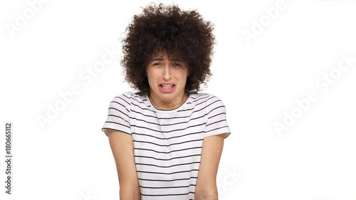horizontal portrait of sick woman feeling bad refusing from something disgusting awful having gag reflection meaning rejection over white background. Concept of emotions over white background. Concept