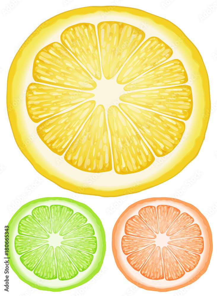Three slices of lemon in different colors Three slices of lemon in different colors