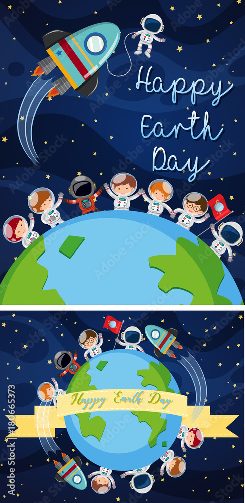 Naklejka premium Happy earth day poster with kids in space