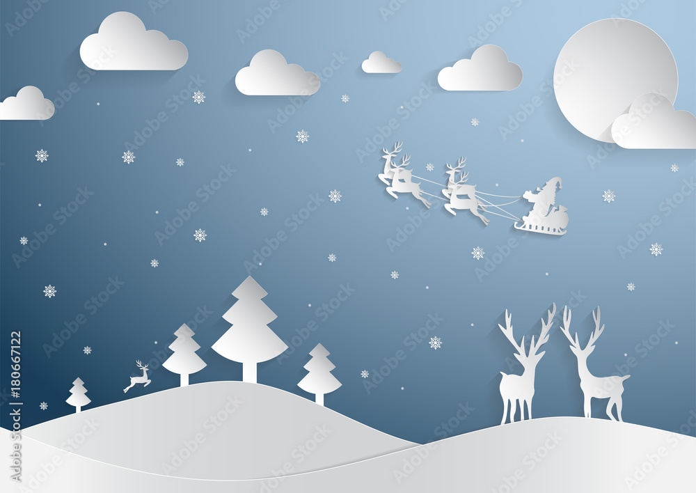 Naklejka Merry Christmas and Happy New Year Concept, reindeers are looking Santa is coming on the sky cloud and full moon.