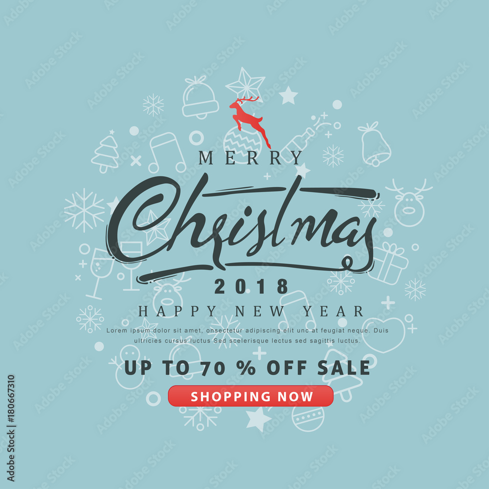 Fototapeta premium Merry Christmas and Happy New Year sale banner background with christmas icon set.discount gift voucher card for Xmas Holiday.Calligraphy.Vector illustration template.greeting cards.