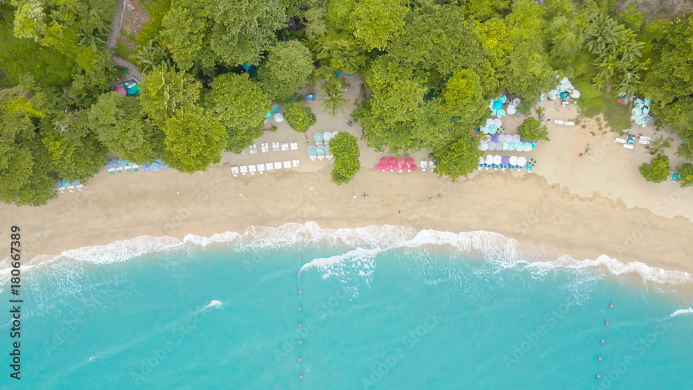 Top view aerial image from drone of an stunning beautiful sea landscape beach with turquoise water with copy space for your advertising text