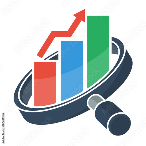 logo icons for business marketing and sales, business consulting services. Illustrated with magnifying glass, bar chart, and arrow graph increases.