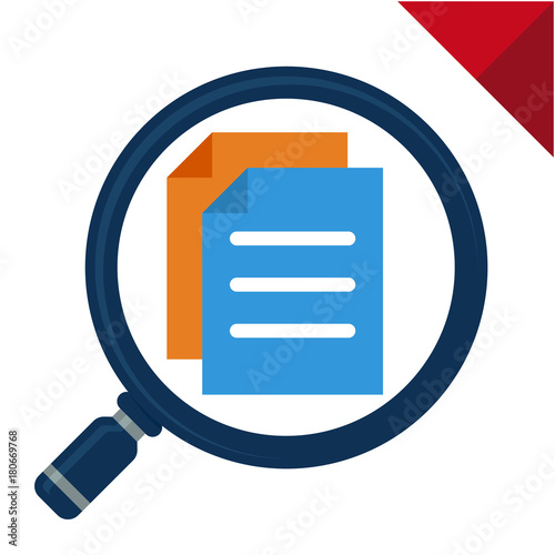 abstract icon for searching documents, illustrated with magnifying glass and documents