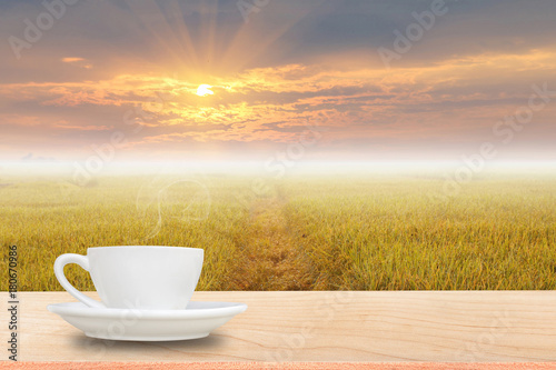 white cup of hot coffee on wooden table in green rice field with morning fog under nice sky chiang-mai. Thailand. the background for product display template.