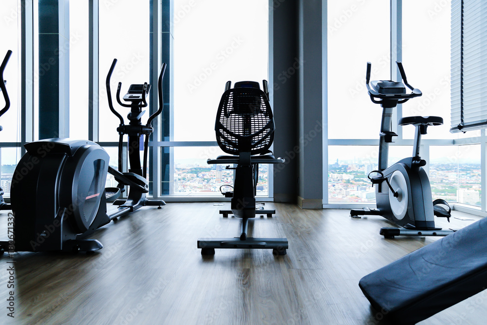 Obraz premium Fitness hall with the sport bikes in it health concept