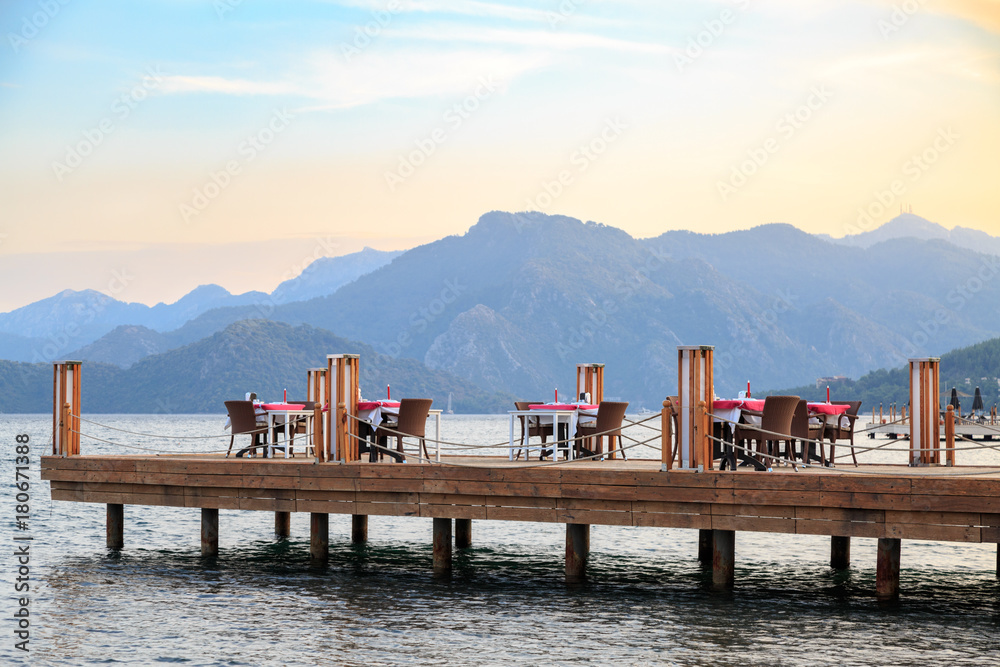 Dinner tables on pier in Marmaris, Turkey