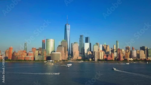 Aerial video of New York City and Lower Manhattan with a view of the One World Trade Center