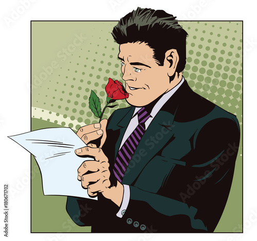 Happy man reading a letter and sniffing a flower. Stock illustration.