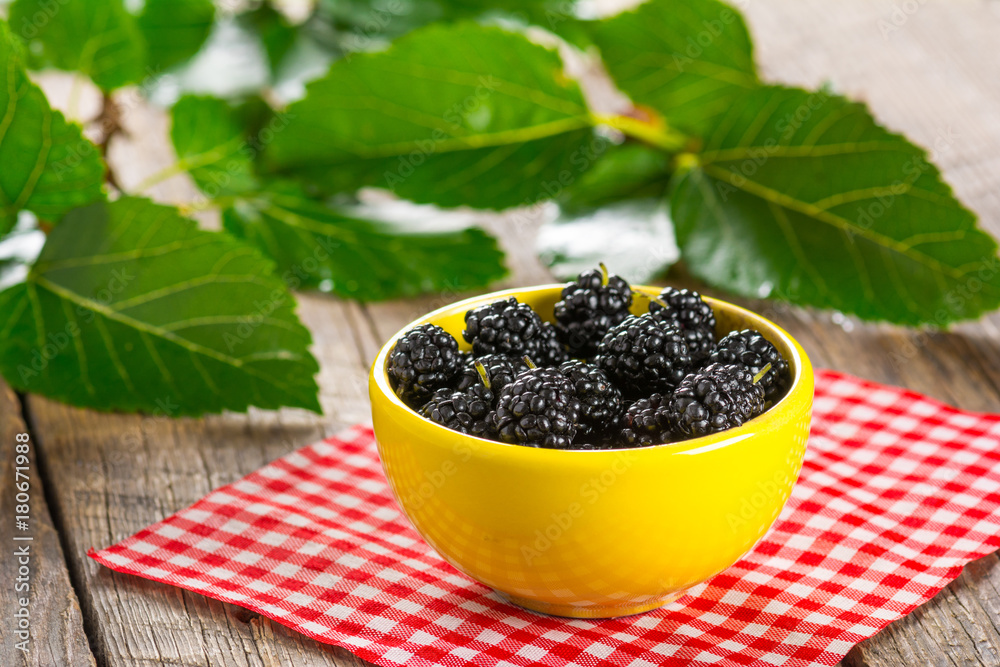 Ripe black mulberry in ceramic bowl Ripe black mulberry in ceramic bowl