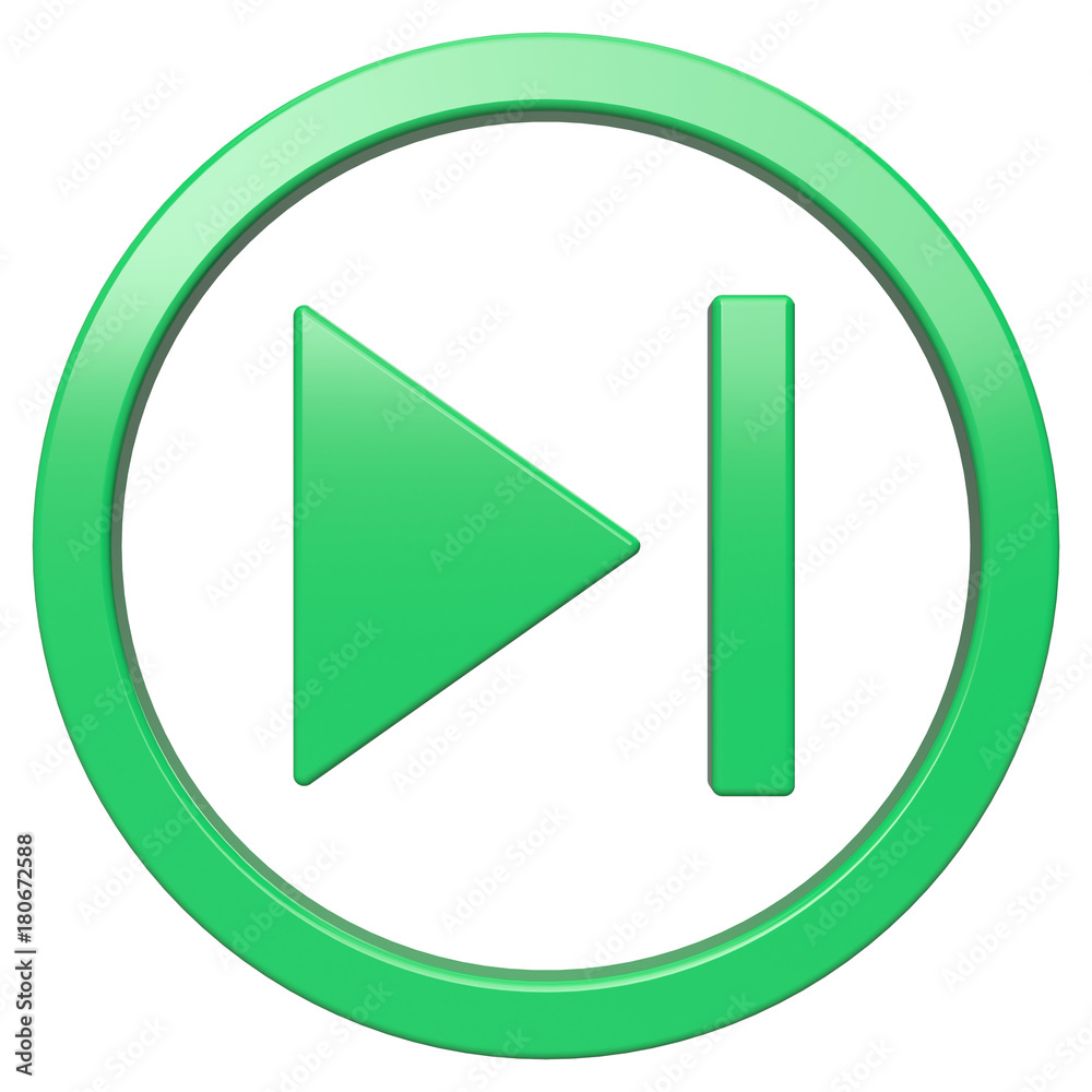 Play next icon. Green round 3d button with frame Play next icon. Green round 3d button with frame