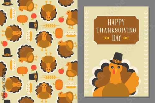 wild turkey seamless pattern and greeting card template for thanksgiving day, flat design