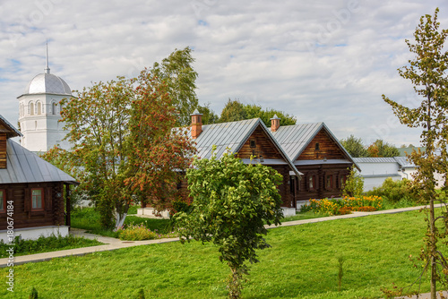 View of old wooden houses in Suzdal city. Russia. Home for nuns in an ancient monastery.