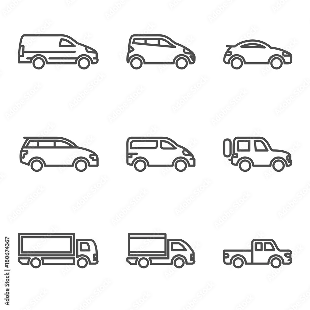 Linear car icon with outline and different kind of car