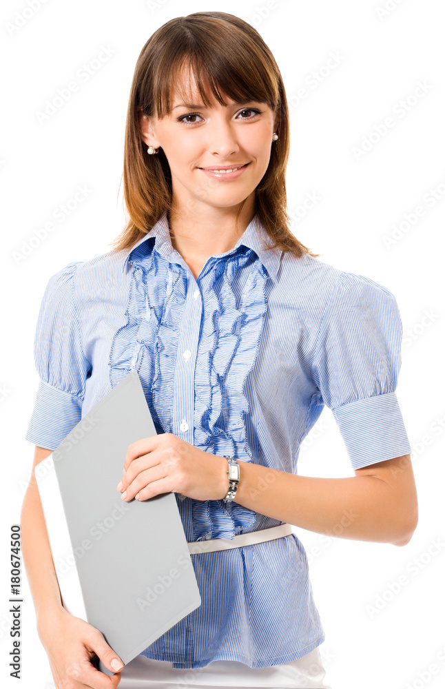 Cheerful businesswoman with folder, over white Cheerful businesswoman with folder, over white