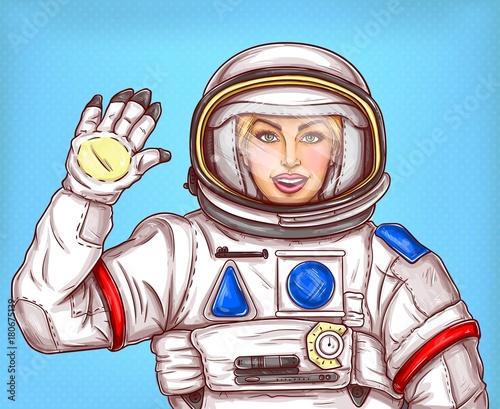 Young astronaut girl in a space suit waving her hand, sends a greeting on a blue background. Pop art cartoon vector illustration