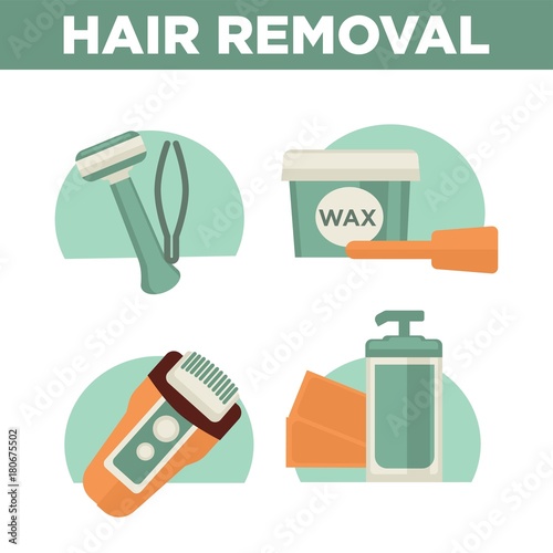 Hair removal woman depilation waxing, shaving sugaring laser procedure vector icons set