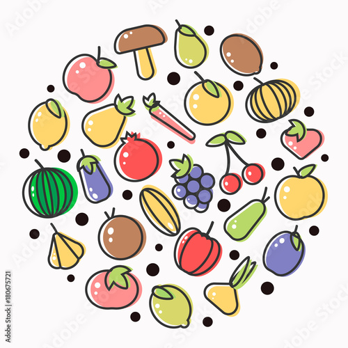 Fototapeta Naklejka Na Ścianę i Meble -  Fruits and vegetables poster of flat outline veggie and berry icons