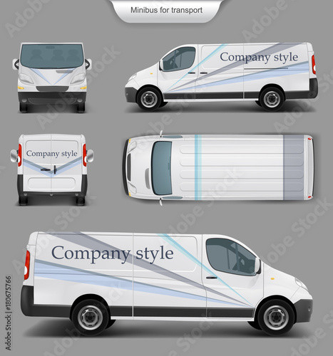 Vector realistic white delivery minivan, city minibus with company style top. front, back, side view, with shadow, isolated on gray. Template, mock up of minivan for brand design, corporate transport