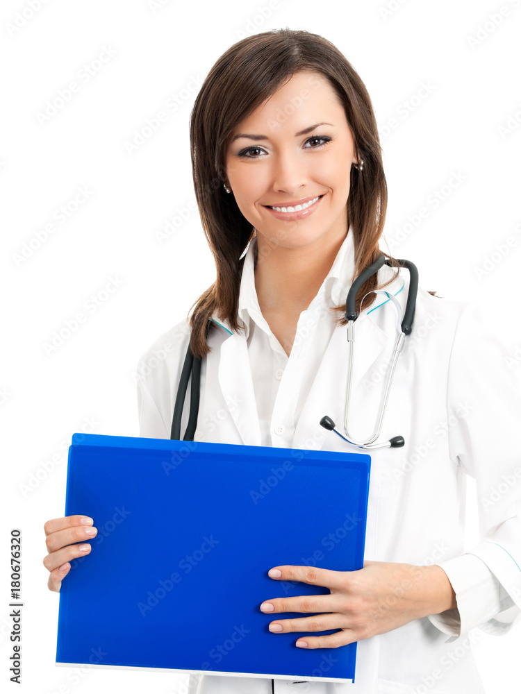 Cheerful doctor with blue folder, over white Cheerful doctor with blue folder, over white