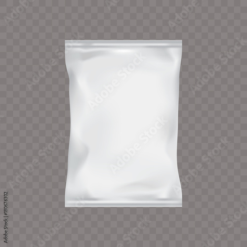 Vector white rectangular plastic packing for food snacks, chip cookies candy isolated on a transparent background in a realistic style. Design package layout ready for branding.