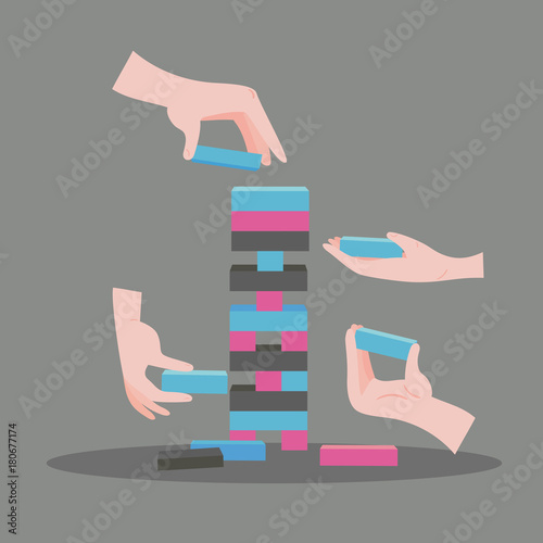 Jenga game with hands. Wooden block game