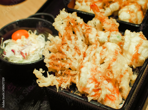 Tendon or Tempura (Shrimp, Seafood) on rice ,Japanese cuisine, Selective focus
