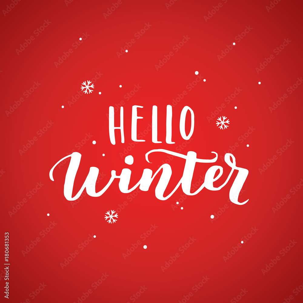 Hello winter 2017 white typography on red background. Greeting card design with hand lettering inscription for winter holidays. Vector minimalistic Illustration