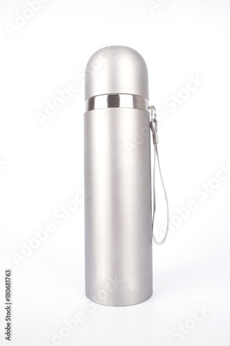 Metal thermos flask isolated on white background