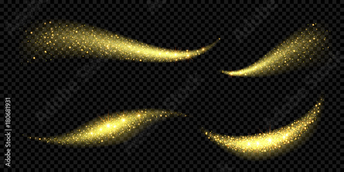 Christmas holiday golden glitter light wave background template of sparkling gold particles and shiny confetti effect. Vector glittering shimmer wave for New Year or Christmas modern luxury design